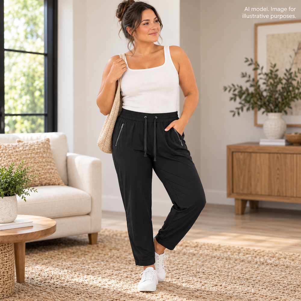 Style Co Pants Women Large Black Exposed Zipper Flowy Drawstring Tapered Pull On